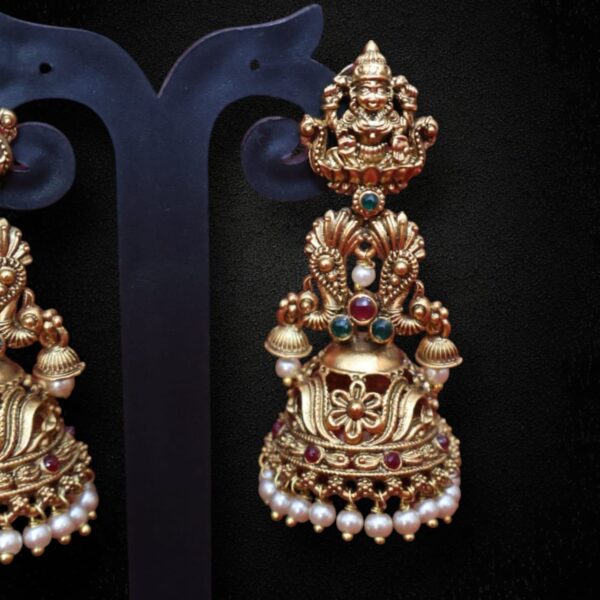 Matte Gold Stone Temple Lakshmi Jhumka - Image 2