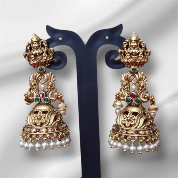 Matte Gold Stone Temple Lakshmi Jhumka