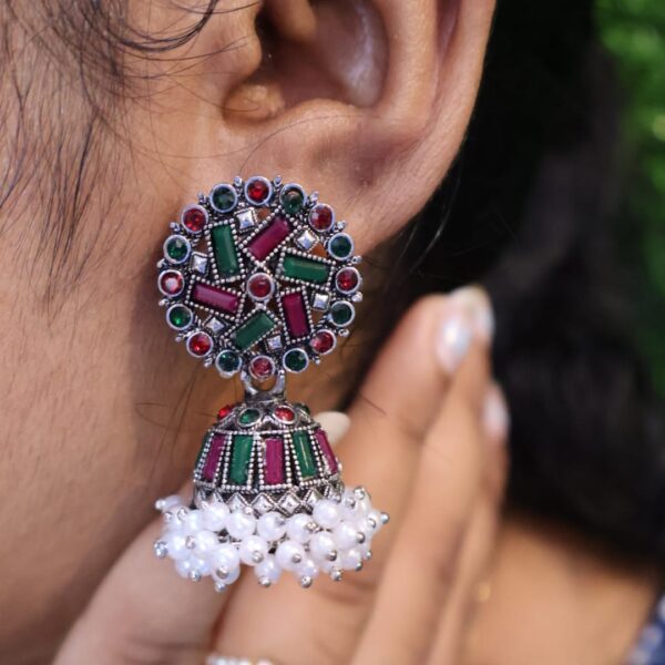 Premium green n red stone jhumka - Image 2