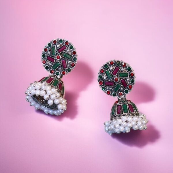 Premium green n red stone jhumka