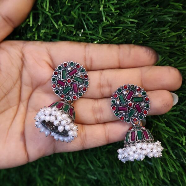 Premium green n red stone jhumka - Image 3