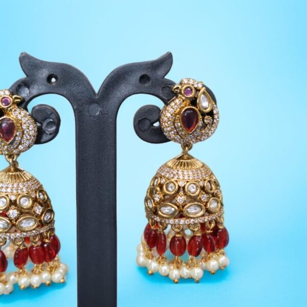 Ruby studded peacock kundan  earring - Image 2
