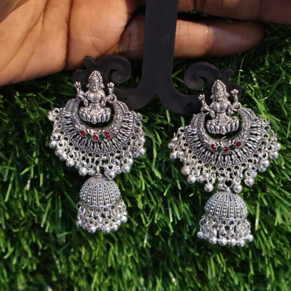 Silver oxidized antique temple cut lakshmi jhumka - Image 2