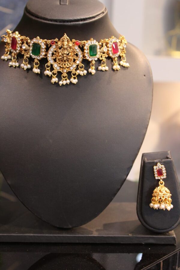 Traditional saraswati multicolor stone studded choker set - Image 3