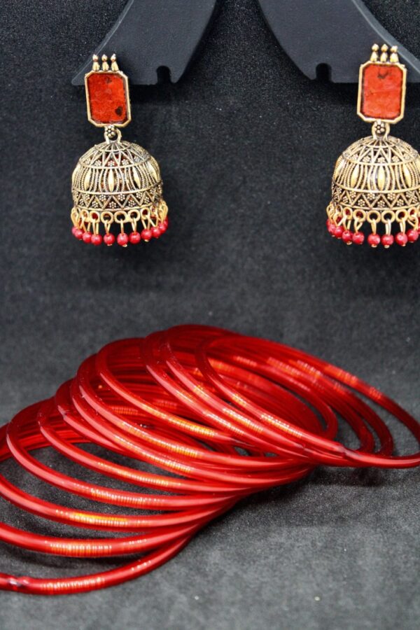 Jhumka and Glass Bangles Red Combo - Image 2