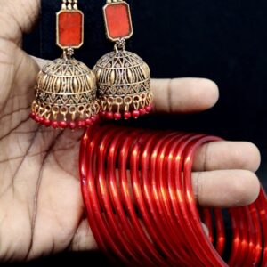Jhumka and Glass Bangles Red Combo