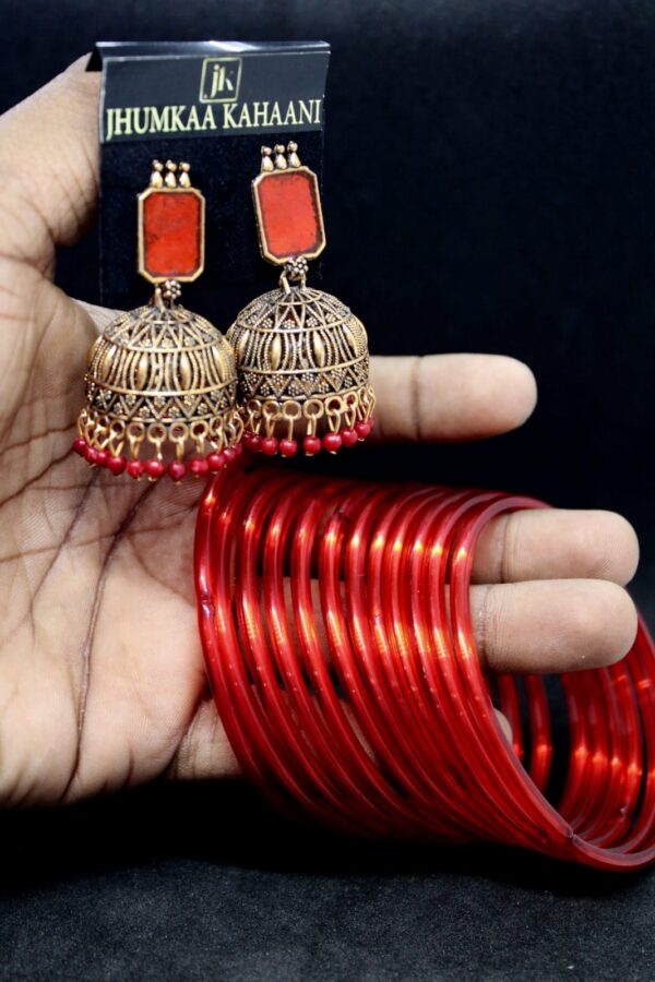 Jhumka and Glass Bangles Red Combo
