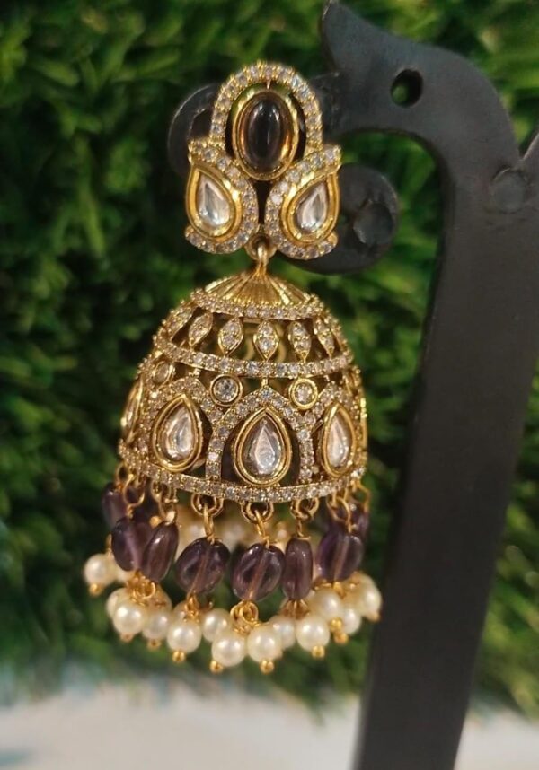 Diamond studded victoria jhumki with violet tassels - Image 3