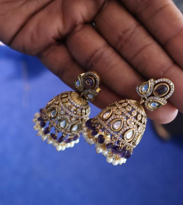 Diamond studded victoria jhumki with violet tassels - Image 2